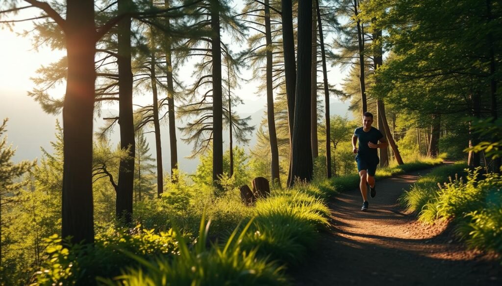 A cozy and protective running scene in a warm, sun-dappled forest. In the foreground, a runner wearing the Olympikus Corre 4 shoes strides confidently along a winding trail, their body language conveying a sense of comfort and security. The middle ground features lush, verdant foliage and tall, sturdy trees that provide a natural canopy, casting soft, diffused lighting on the scene. In the background, glimpses of a scenic mountain range create a serene, almost otherworldly atmosphere. The overall mood is one of tranquility, ease, and the feeling of being enveloped in a safe, nurturing environment - a perfect embodiment of the "comfort and protection" offered by the Olympikus Corre 4. A cozy and protective running scene in a warm, sun-dappled forest. In the foreground, a runner wearing the Olympikus Corre 4 shoes strides confidently along a winding trail, their body language conveying a sense of comfort and security. The middle ground features lush, verdant foliage and tall, sturdy trees that provide a natural canopy, casting soft, diffused lighting on the scene. In the background, glimpses of a scenic mountain range create a serene, almost otherworldly atmosphere. The overall mood is one of tranquility, ease, and the feeling of being enveloped in a safe, nurturing environment - a perfect embodiment of the "comfort and protection" offered by the Olympikus Corre 4.