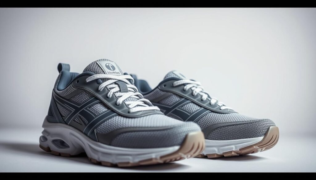 A detailed, high-quality photograph of the features and design characteristics of a pair of Olympikus sports shoes. The shoes are displayed prominently in the foreground, with a clean, well-lit studio backdrop. The image showcases the shoes' materials, construction, and unique design elements such as the logo, cushioning, and tread pattern. The lighting is soft and diffused, creating an even, natural illumination that highlights the shoes' textures and colors. The camera angle is slightly angled to provide a dynamic, three-dimensional perspective. The overall mood is one of focused attention on the technical and aesthetic qualities of the Olympikus footwear. A detailed, high-quality photograph of the features and design characteristics of a pair of Olympikus sports shoes. The shoes are displayed prominently in the foreground, with a clean, well-lit studio backdrop. The image showcases the shoes' materials, construction, and unique design elements such as the logo, cushioning, and tread pattern. The lighting is soft and diffused, creating an even, natural illumination that highlights the shoes' textures and colors. The camera angle is slightly angled to provide a dynamic, three-dimensional perspective. The overall mood is one of focused attention on the technical and aesthetic qualities of the Olympikus footwear.