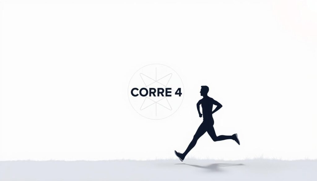 A minimalist and modern illustration depicting the essence of "Corre 4", a running program. In the foreground, a stylized runner silhouette, dynamic and focused, against a clean background. In the middle ground, a circular graphic with intersecting lines, representing the structured training plan. In the background, a subtle gradient or texture, conveying a sense of motion and energy. Lighting is bright and clear, with a soft, natural feel. The overall composition is balanced and visually appealing, capturing the efficiency and simplicity of the "Corre 4" running system. A minimalist and modern illustration depicting the essence of "Corre 4", a running program. In the foreground, a stylized runner silhouette, dynamic and focused, against a clean background. In the middle ground, a circular graphic with intersecting lines, representing the structured training plan. In the background, a subtle gradient or texture, conveying a sense of motion and energy. Lighting is bright and clear, with a soft, natural feel. The overall composition is balanced and visually appealing, capturing the efficiency and simplicity of the "Corre 4" running system.