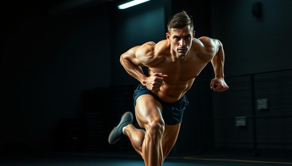 A muscular athlete in a dynamic sprinting pose, their powerful legs propelling them forward with incredible speed and grace. The foreground captures the athlete's intense focus and determination, their expression resolute as they push the limits of their physical abilities. The middle ground blurs into a dynamic motion blur, conveying the sheer velocity of the movement. The background is a dimly lit, industrial setting, adding a sense of gritty intensity to the scene. Dramatic side lighting casts dramatic shadows, emphasizing the sculpted musculature and the athlete's unwavering dedication. The overall mood is one of raw, unbridled power and determination, capturing the essence of an elite athlete's pursuit of excellence. A muscular athlete in a dynamic sprinting pose, their powerful legs propelling them forward with incredible speed and grace. The foreground captures the athlete's intense focus and determination, their expression resolute as they push the limits of their physical abilities. The middle ground blurs into a dynamic motion blur, conveying the sheer velocity of the movement. The background is a dimly lit, industrial setting, adding a sense of gritty intensity to the scene. Dramatic side lighting casts dramatic shadows, emphasizing the sculpted musculature and the athlete's unwavering dedication. The overall mood is one of raw, unbridled power and determination, capturing the essence of an elite athlete's pursuit of excellence.
