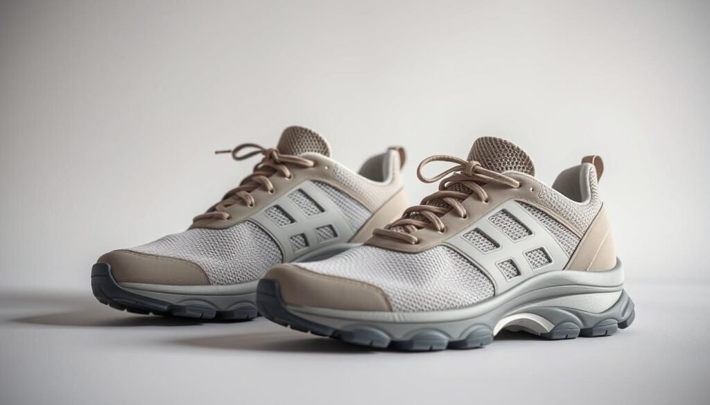 A pair of high-quality walking shoes in a neutral color scheme, showcased against a clean, minimalist background. The shoes feature a sturdy, flexible sole with excellent grip, offering optimal support and cushioning for long walks. The upper is made of breathable, lightweight mesh material that allows for maximum air circulation, keeping the feet cool and comfortable. Soft padding around the ankle and tongue provides additional comfort. The laces are secured tightly, ensuring a secure, customized fit. Soft, indirect lighting illuminates the shoes, highlighting their sleek design and attention to detail, conveying a sense of quality and purpose-built functionality. A pair of high-quality walking shoes in a neutral color scheme, showcased against a clean, minimalist background. The shoes feature a sturdy, flexible sole with excellent grip, offering optimal support and cushioning for long walks. The upper is made of breathable, lightweight mesh material that allows for maximum air circulation, keeping the feet cool and comfortable. Soft padding around the ankle and tongue provides additional comfort. The laces are secured tightly, ensuring a secure, customized fit. Soft, indirect lighting illuminates the shoes, highlighting their sleek design and attention to detail, conveying a sense of quality and purpose-built functionality.