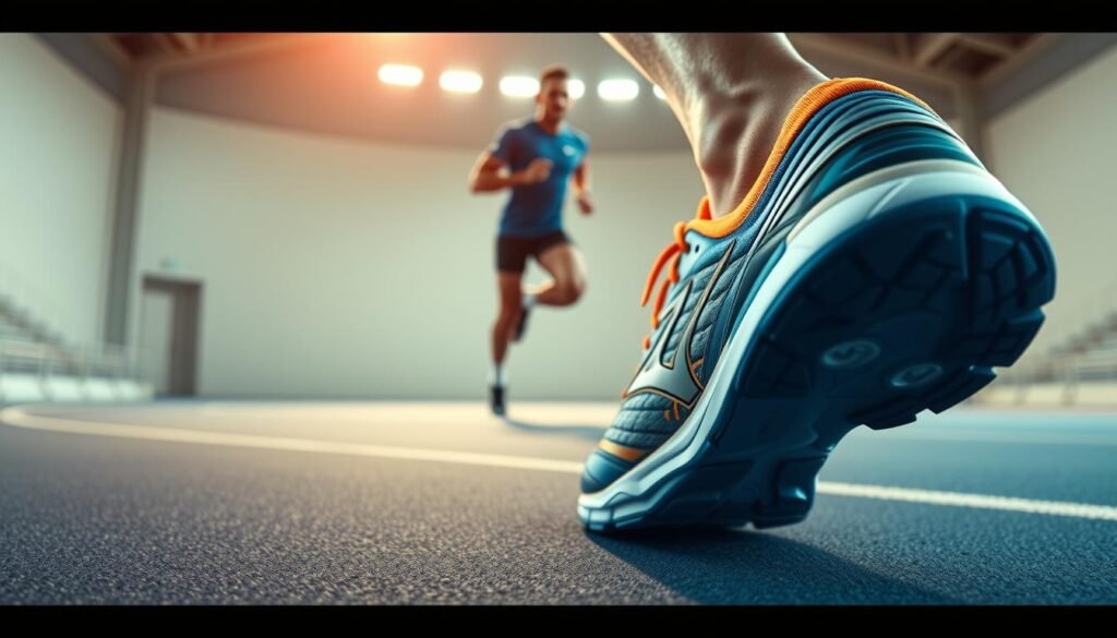 A vibrant sports shoe in the foreground, showcasing the Mizuno logo prominently. The midsole and outsole of the shoe are detailed, highlighting the superior cushioning and traction technology. In the middle ground, a runner's silhouette in motion, emphasizing the shoe's performance capabilities. The background features a clean, minimalist sports arena setting, with subtle lighting casting a warm glow on the scene. The overall atmosphere conveys a sense of dynamism, quality, and the athlete's confidence in their Mizuno running shoes. A vibrant sports shoe in the foreground, showcasing the Mizuno logo prominently. The midsole and outsole of the shoe are detailed, highlighting the superior cushioning and traction technology. In the middle ground, a runner's silhouette in motion, emphasizing the shoe's performance capabilities. The background features a clean, minimalist sports arena setting, with subtle lighting casting a warm glow on the scene. The overall atmosphere conveys a sense of dynamism, quality, and the athlete's confidence in their Mizuno running shoes.