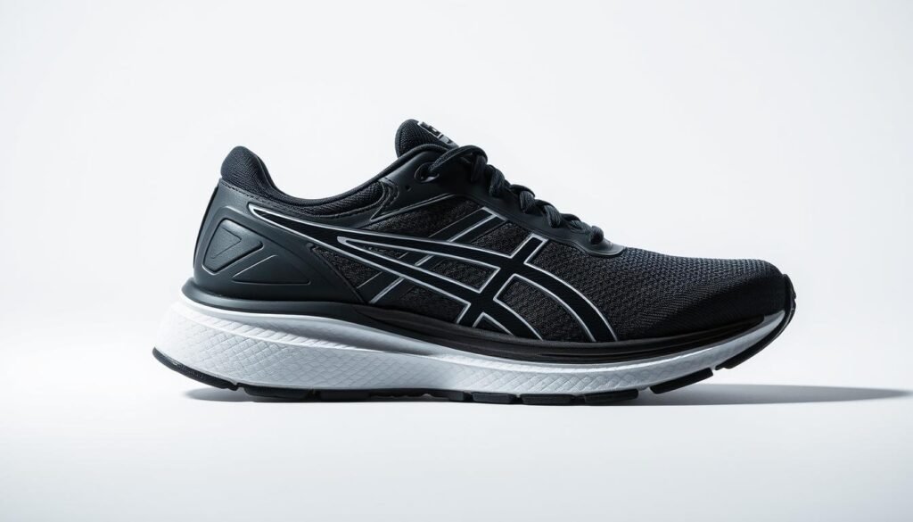 A well-crafted running shoe in a sleek, modern design. Crisp, high-contrast lighting accentuates the shoe's contours and textured surfaces. The upper features a breathable mesh with strategic overlays for support, while the flexible midsole cushions each stride. The outsole showcases a durable, grippy tread pattern optimized for road running. Subtle branding elements complement the design's streamlined aesthetic. The overall composition highlights the shoe's technical capabilities and premium quality, conveying a sense of performance and sophistication. A well-crafted running shoe in a sleek, modern design. Crisp, high-contrast lighting accentuates the shoe's contours and textured surfaces. The upper features a breathable mesh with strategic overlays for support, while the flexible midsole cushions each stride. The outsole showcases a durable, grippy tread pattern optimized for road running. Subtle branding elements complement the design's streamlined aesthetic. The overall composition highlights the shoe's technical capabilities and premium quality, conveying a sense of performance and sophistication.