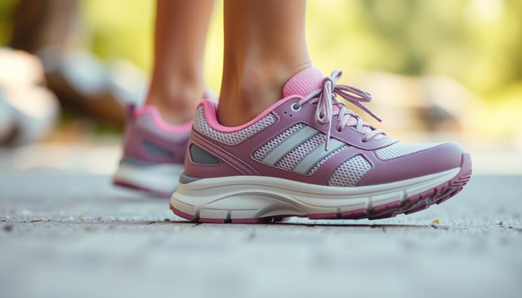 A well-designed walking shoe with a sturdy, flexible sole, providing optimal cushioning and support for the feet. The shoe features a breathable mesh upper, with reinforced overlays for durability. The lacing system allows for a secure, adjustable fit. Bright, neutral colors in the foreground, complemented by a soft, natural background, creating a fresh, active atmosphere. Careful attention to details, capturing the technical features and performance aspects that make this the ideal walking companion for the modern woman. A well-designed walking shoe with a sturdy, flexible sole, providing optimal cushioning and support for the feet. The shoe features a breathable mesh upper, with reinforced overlays for durability. The lacing system allows for a secure, adjustable fit. Bright, neutral colors in the foreground, complemented by a soft, natural background, creating a fresh, active atmosphere. Careful attention to details, capturing the technical features and performance aspects that make this the ideal walking companion for the modern woman.