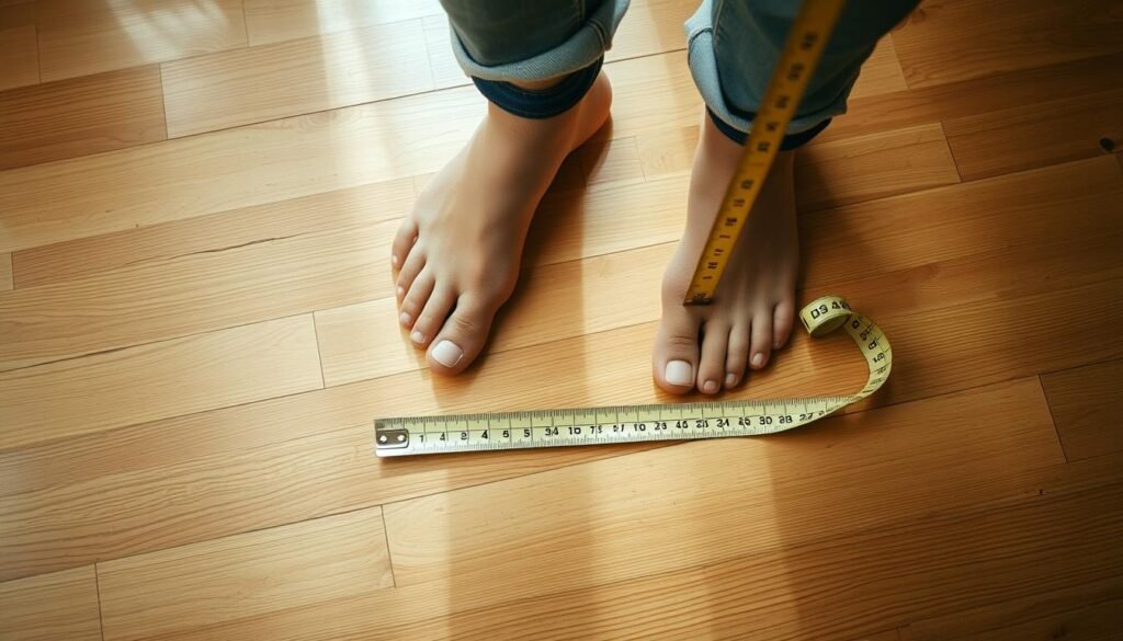 A well-lit, high-angle photograph of a person's feet standing on a wooden floor, with a measuring tape or ruler placed alongside to measure the foot length. The person is wearing casual, comfortable socks or no shoes, and the focus is on the feet and the measurement process. The lighting is soft and natural, creating a warm, inviting atmosphere that suggests a cozy, home-like setting. The background is minimalist, allowing the feet and the measurement to be the central focus of the image. A well-lit, high-angle photograph of a person's feet standing on a wooden floor, with a measuring tape or ruler placed alongside to measure the foot length. The person is wearing casual, comfortable socks or no shoes, and the focus is on the feet and the measurement process. The lighting is soft and natural, creating a warm, inviting atmosphere that suggests a cozy, home-like setting. The background is minimalist, allowing the feet and the measurement to be the central focus of the image.