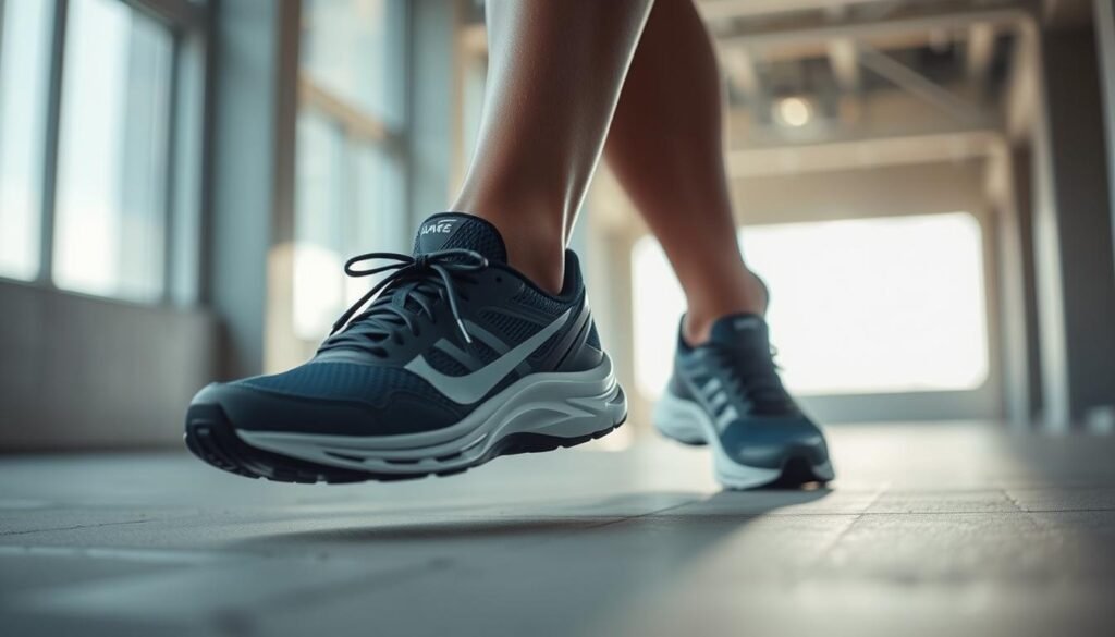 A well-lit, high-angle shot of a person's feet and lower legs standing in a running stance, showcasing a pair of sleek, modern Olympikus running shoes. The shoes feature a breathable mesh upper, contoured midsole, and durable rubber outsole. The background is blurred, creating a sense of focus on the shoes. The lighting is soft and natural, emphasizing the texture and details of the shoes. The overall mood is one of confidence, comfort, and readiness for an active, athletic pursuit. A well-lit, high-angle shot of a person's feet and lower legs standing in a running stance, showcasing a pair of sleek, modern Olympikus running shoes. The shoes feature a breathable mesh upper, contoured midsole, and durable rubber outsole. The background is blurred, creating a sense of focus on the shoes. The lighting is soft and natural, emphasizing the texture and details of the shoes. The overall mood is one of confidence, comfort, and readiness for an active, athletic pursuit.