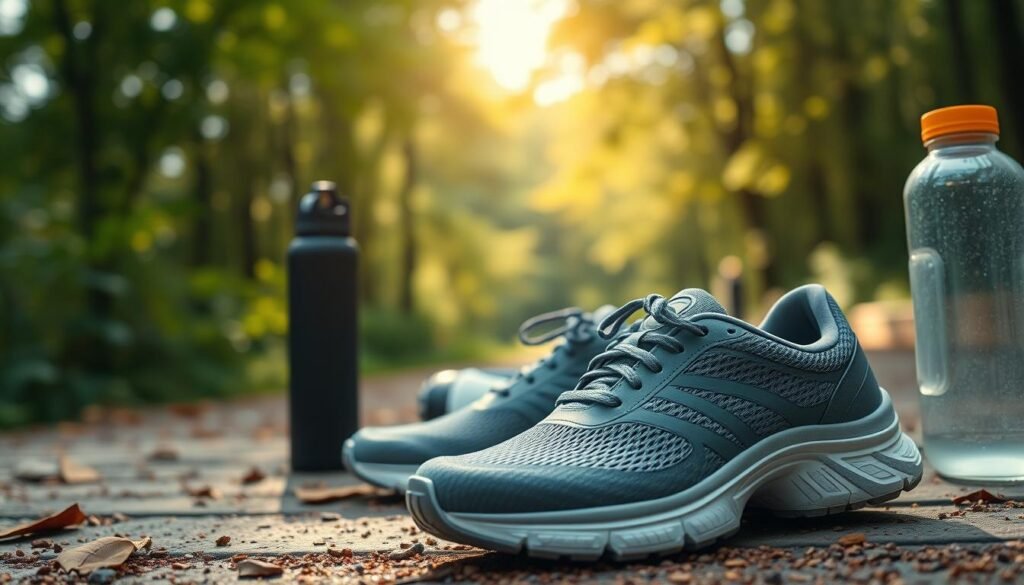 A well-lit, high-resolution image showing a thoughtfully composed still life of the best women's walking shoes. In the foreground, showcase a pair of comfortable, supportive sneakers with breathable mesh and flexible soles. In the middle ground, include complementary athletic accessories like moisture-wicking socks and a water bottle. The background should feature a serene, natural setting like a leafy park trail or forest path, conveying the idea of an enjoyable, healthy outdoor activity. Use a warm, natural lighting and shallow depth of field to draw the viewer's eye to the key details. Capture the essence of choosing the ideal women's walking shoe for both fashion and function. A well-lit, high-resolution image showing a thoughtfully composed still life of the best women's walking shoes. In the foreground, showcase a pair of comfortable, supportive sneakers with breathable mesh and flexible soles. In the middle ground, include complementary athletic accessories like moisture-wicking socks and a water bottle. The background should feature a serene, natural setting like a leafy park trail or forest path, conveying the idea of an enjoyable, healthy outdoor activity. Use a warm, natural lighting and shallow depth of field to draw the viewer's eye to the key details. Capture the essence of choosing the ideal women's walking shoe for both fashion and function.
