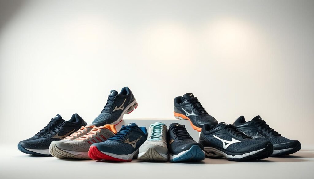 A well-lit, studio-style photograph showcasing a variety of Mizuno running shoes against a clean, minimal background. The shoes are arranged in the foreground, with various models and colorways displayed side-by-side to highlight their unique features and differences. The middle ground features a simple, uncluttered backdrop, allowing the shoes to be the central focus. Subtle, natural lighting from above casts an even, flattering glow across the scene, accentuating the materials and details of the footwear. The overall atmosphere is professional, polished, and designed to help the viewer clearly evaluate and compare the Mizuno shoes, as if they were in a retail or showroom setting. A well-lit, studio-style photograph showcasing a variety of Mizuno running shoes against a clean, minimal background. The shoes are arranged in the foreground, with various models and colorways displayed side-by-side to highlight their unique features and differences. The middle ground features a simple, uncluttered backdrop, allowing the shoes to be the central focus. Subtle, natural lighting from above casts an even, flattering glow across the scene, accentuating the materials and details of the footwear. The overall atmosphere is professional, polished, and designed to help the viewer clearly evaluate and compare the Mizuno shoes, as if they were in a retail or showroom setting.