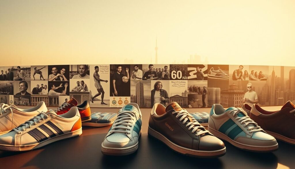 A wide, panoramic view of the Olympikus brand's rich history, captured in a stylish and visually compelling manner. In the foreground, a collection of iconic Olympikus sneakers, each representing a significant era or design innovation, meticulously crafted with attention to detail. In the middle ground, a montage of archival imagery and historical milestones, showcasing the brand's evolution and its deep connection to the Brazilian athletic and cultural landscape. The background features a sleek, minimalist cityscape, hinting at the brand's contemporary relevance and global reach. The overall composition is bathed in warm, golden tones, conveying a sense of heritage, progress, and the enduring spirit of the Olympikus brand. A wide, panoramic view of the Olympikus brand's rich history, captured in a stylish and visually compelling manner. In the foreground, a collection of iconic Olympikus sneakers, each representing a significant era or design innovation, meticulously crafted with attention to detail. In the middle ground, a montage of archival imagery and historical milestones, showcasing the brand's evolution and its deep connection to the Brazilian athletic and cultural landscape. The background features a sleek, minimalist cityscape, hinting at the brand's contemporary relevance and global reach. The overall composition is bathed in warm, golden tones, conveying a sense of heritage, progress, and the enduring spirit of the Olympikus brand.