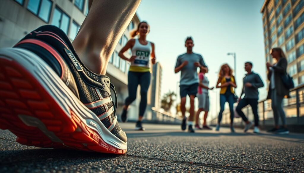 An expertly crafted image showcasing Olympikus Corre 4 from various perspectives. The foreground features a close-up of the shoe's intricate design, highlighting its sleek silhouette, vibrant color palette, and high-performance features. The middle ground captures a runner wearing the Corre 4 in an urban setting, showcasing the shoe's versatility and comfort for daily activities. In the background, a diverse group of fitness enthusiasts and running experts engage in dynamic discussions, offering their professional opinions and insights on the shoe's performance, durability, and suitability for different running terrains and conditions. The lighting is natural and warm, casting a pleasant glow over the scene, while the camera angle is positioned to capture the interplay of the various elements, creating a visually striking and informative image. An expertly crafted image showcasing Olympikus Corre 4 from various perspectives. The foreground features a close-up of the shoe's intricate design, highlighting its sleek silhouette, vibrant color palette, and high-performance features. The middle ground captures a runner wearing the Corre 4 in an urban setting, showcasing the shoe's versatility and comfort for daily activities. In the background, a diverse group of fitness enthusiasts and running experts engage in dynamic discussions, offering their professional opinions and insights on the shoe's performance, durability, and suitability for different running terrains and conditions. The lighting is natural and warm, casting a pleasant glow over the scene, while the camera angle is positioned to capture the interplay of the various elements, creating a visually striking and informative image.