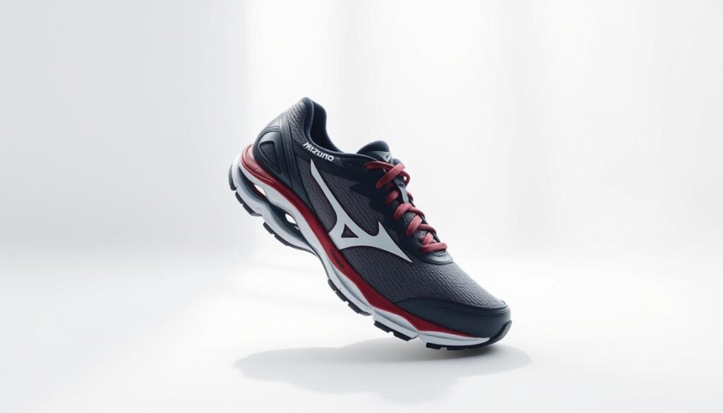 Crisp overhead shot of a Mizuno Wave Dynasty 4 running shoe in a bright, airy studio setting. The shoe is centered in the frame, with a clean white backdrop. The image captures the sleek, modern design of the shoe, highlighting its key features like the signature Mizuno Wave technology in the midsole, the breathable mesh upper, and the durable rubber outsole. Soft, diffused lighting accentuates the shoe's contours and colors, creating a sense of depth and dimensionality. The overall mood is one of elegant simplicity, showcasing the shoe's premium craftsmanship and performance-oriented design.