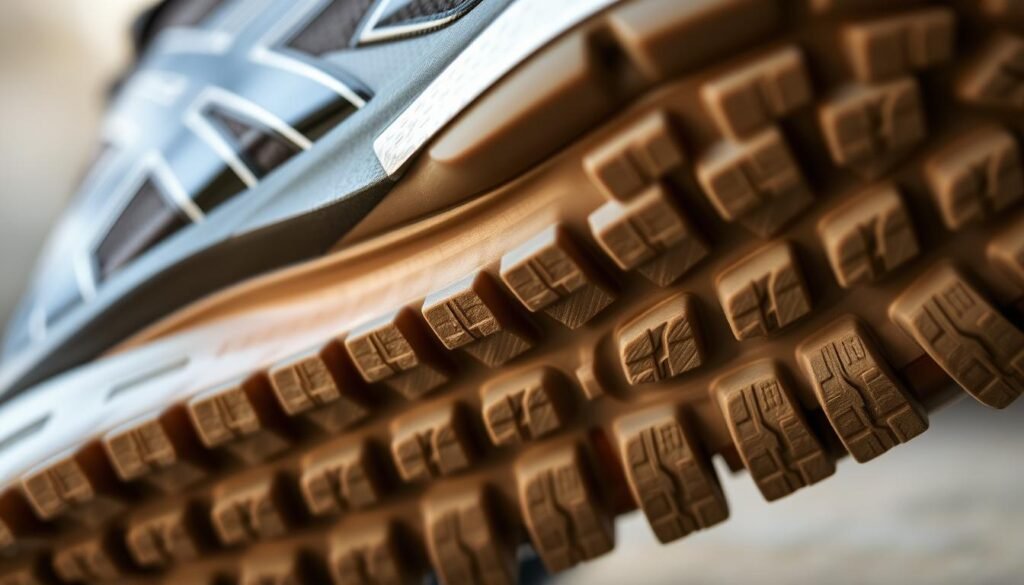 A close-up view of a durable, high-traction running shoe sole made of ASICSGRIP rubber. The sole features a textured, zigzag pattern for excellent grip and durability. The material has a slightly matte, almost gum-like appearance, with subtle variations in color and tone to convey its rugged, dependable nature. The lighting is soft and natural, highlighting the intricate details and contours of the sole. The angle is low, emphasizing the sole's sturdy construction and practical design. An atmosphere of reliability and performance pervades the image, reflecting the technical specifications and quality of the ASICS running shoe.