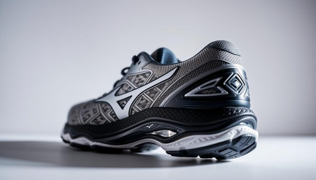 A close-up view of a mizuno wave running shoe, showcasing its intricate design and technological features. The shoe is presented against a clean, minimalist background, with soft, directional lighting highlighting the wave-like pattern on the midsole and the responsive cushioning system. The materials and textures of the shoe are rendered with a high level of detail, allowing the viewer to appreciate the craftsmanship and engineering that goes into this athletic footwear. The image conveys a sense of quality, performance, and innovation, effectively complementing the section title "mizuno x asics: diferenças de tecnologia, estabilidade e amortecimento".