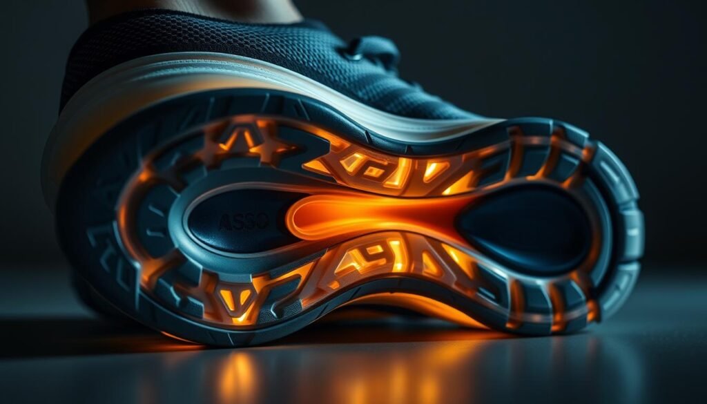 A close-up view of a sleek, high-performance running shoe's midsole, revealing the intricate cushioning system. The midsole should be crafted from a durable, responsive foam material, designed to absorb the impact of each stride and provide exceptional energy return. Illuminated by soft, diffused lighting, the cushioning elements should be clearly visible, showcasing their complex, contoured shapes that conform to the natural movements of the foot. The overall mood should convey a sense of advanced technology, comfort, and performance, reflecting the specialized features that elevate the shoe's amortecimento or shock absorption capabilities. A close-up view of a sleek, high-performance running shoe's midsole, revealing the intricate cushioning system. The midsole should be crafted from a durable, responsive foam material, designed to absorb the impact of each stride and provide exceptional energy return. Illuminated by soft, diffused lighting, the cushioning elements should be clearly visible, showcasing their complex, contoured shapes that conform to the natural movements of the foot. The overall mood should convey a sense of advanced technology, comfort, and performance, reflecting the specialized features that elevate the shoe's amortecimento or shock absorption capabilities.