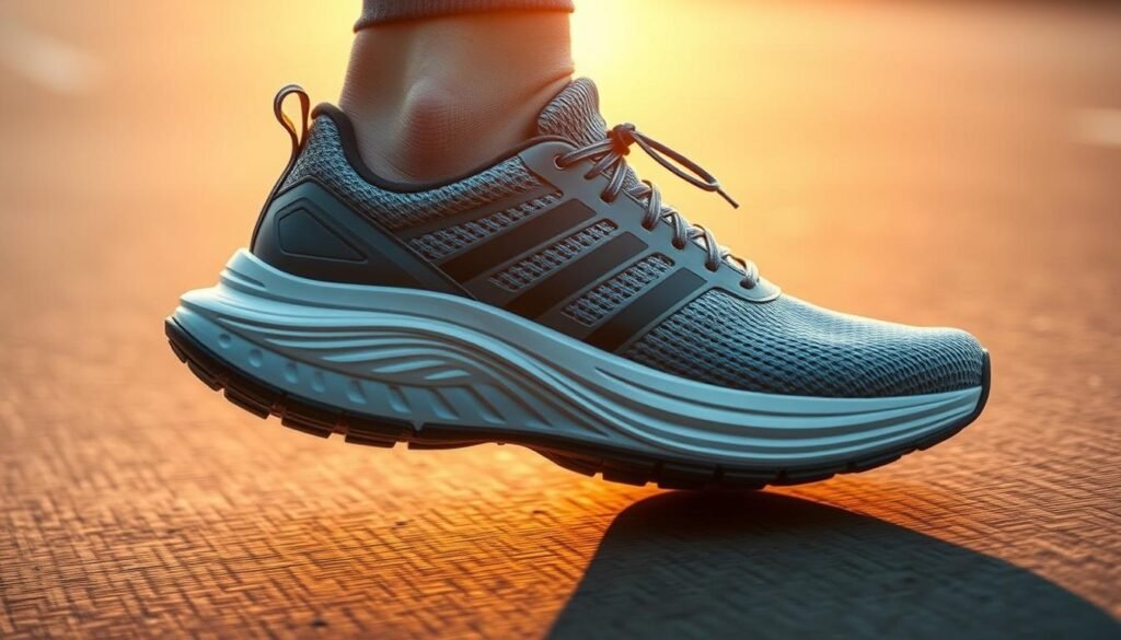 A cushioned running shoe, featuring a thick, supportive sole that absorbs the impact of each stride. The midsole is constructed with high-performance foam, designed to provide maximum shock absorption and protect the runner's joints during long-distance training. The shoe's upper is breathable and lightweight, allowing for a responsive, connected feel. Warm, directional lighting illuminates the shoe, highlighting its sleek, aerodynamic profile and emphasizing the advanced cushioning technology at the core of its design. The scene conveys a sense of motion and dynamism, reflecting the shoe's intended use for high-mileage runs on paved surfaces. A cushioned running shoe, featuring a thick, supportive sole that absorbs the impact of each stride. The midsole is constructed with high-performance foam, designed to provide maximum shock absorption and protect the runner's joints during long-distance training. The shoe's upper is breathable and lightweight, allowing for a responsive, connected feel. Warm, directional lighting illuminates the shoe, highlighting its sleek, aerodynamic profile and emphasizing the advanced cushioning technology at the core of its design. The scene conveys a sense of motion and dynamism, reflecting the shoe's intended use for high-mileage runs on paved surfaces.