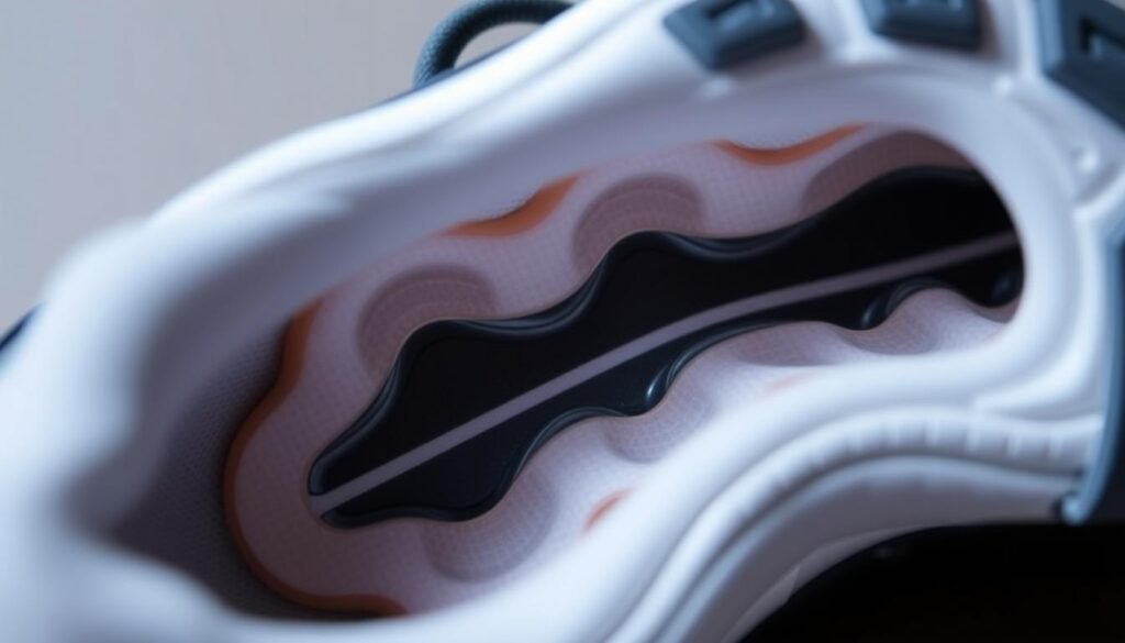 A detailed close-up view of a running shoe's midsole, showcasing the intricate cushioning and shock-absorbing technology. The shoe's interior is visible, with a focus on the Mizuno Wave or Asics Gel system, displaying the innovative wave-like or gel-based structures that provide responsive and durable impact protection. The lighting is soft and diffused, highlighting the materials' textures and the technological sophistication of the designs. The image conveys a sense of technical precision and the advanced engineering behind the shoes' comfort and performance, reflecting the importance of the "Amortecimento em foco" section of the article.