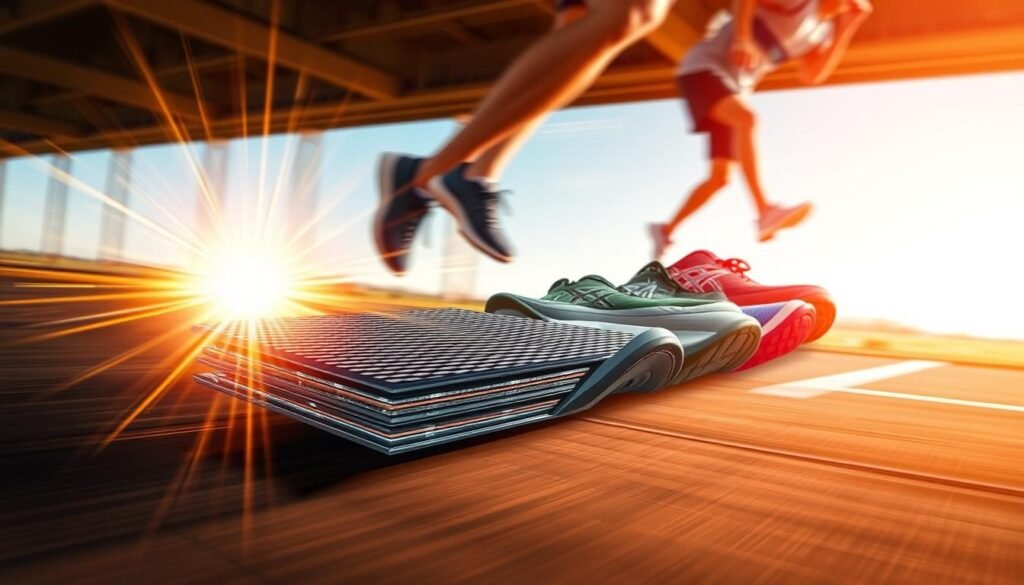 A dynamic, high-speed scene showcasing the mechanics of propulsion. In the foreground, a detailed illustration of a carbon fiber plate, its intricate layered structure radiating energy. Surrounding it, an array of meticulously rendered ASICS running shoe midsoles, their specialized foam and gel cushioning systems depicted with lifelike precision. In the background, a blurred landscape of a runner's stride, capturing the fluidity and momentum of the propulsive forces at work. Warm, vibrant lighting casts a sense of power and performance, while a subtle depth of field emphasizes the technical complexity of the components. An image that embodies the article's focus on speed, energy, and the advanced technology driving the best ASICS running shoes.