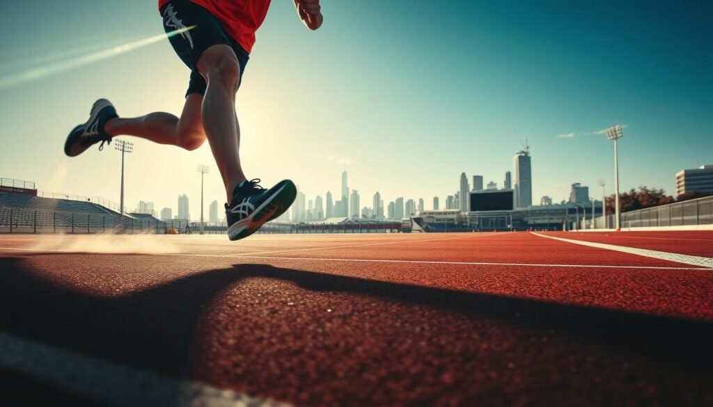 A dynamic scene depicting the concept of "velocidade" (speed). In the foreground, a runner wearing high-performance Asics running shoes bursts forward, their limbs a blur of motion. Beams of light trail behind them, suggesting their incredible pace. The middle ground features a race track with distinctive lanes and markings, conveying a sense of competition and precision. In the background, an urban skyline with skyscrapers and infrastructure evokes the idea of a bustling city, where speed and efficiency are paramount. The lighting is dramatic, with strong contrasts and shadows that emphasize the runner's athleticism and the track's technical details. The overall mood is one of power, dynamism, and the relentless pursuit of faster times.
