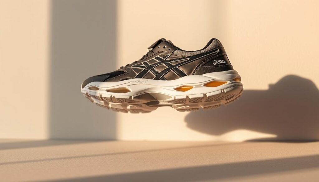 A high-quality, detailed image of a stylish "modelo entressola" sneaker from the ASICS brand. The shoe is presented against a clean, minimalist background, showcasing its sleek design and cutting-edge construction. The sneaker features a modern, sculpted midsole with visible cushioning technology, accentuating the brand's commitment to comfort and performance. The upper is crafted from premium materials, with subtle branding elements that enhance the overall aesthetic. Warm, natural lighting casts gentle shadows, highlighting the shoe's contours and materials. The composition places the sneaker in an elevated, central position, inviting the viewer to appreciate its refined, innovative design. A high-quality, detailed image of a stylish "modelo entressola" sneaker from the ASICS brand. The shoe is presented against a clean, minimalist background, showcasing its sleek design and cutting-edge construction. The sneaker features a modern, sculpted midsole with visible cushioning technology, accentuating the brand's commitment to comfort and performance. The upper is crafted from premium materials, with subtle branding elements that enhance the overall aesthetic. Warm, natural lighting casts gentle shadows, highlighting the shoe's contours and materials. The composition places the sneaker in an elevated, central position, inviting the viewer to appreciate its refined, innovative design.