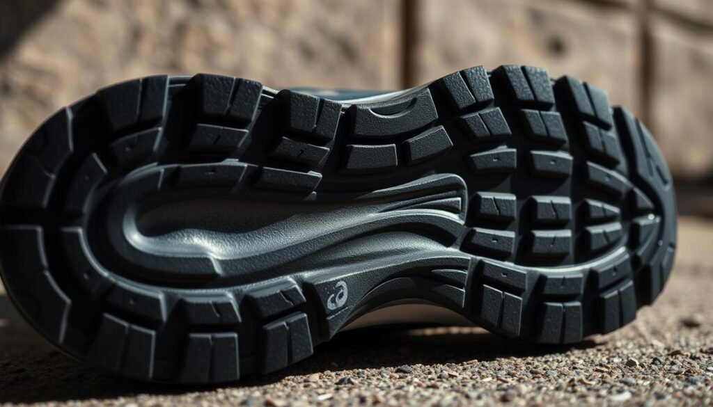 A high-resolution close-up of a running shoe sole, displaying a distinct "pisada" or tread pattern. The sole is made of durable rubber, with intricate grooves and ridges that provide excellent traction on various surfaces. The lighting is natural and slightly dramatic, casting soft shadows that accentuate the texture and depth of the tread. The image is shot from a low angle, giving a sense of power and purposefulness to the footprint. The overall mood is one of ruggedness, reliability, and a commitment to performance, reflecting the qualities of the Asics brand and the specific needs of the running enthusiast. A high-resolution close-up of a running shoe sole, displaying a distinct "pisada" or tread pattern. The sole is made of durable rubber, with intricate grooves and ridges that provide excellent traction on various surfaces. The lighting is natural and slightly dramatic, casting soft shadows that accentuate the texture and depth of the tread. The image is shot from a low angle, giving a sense of power and purposefulness to the footprint. The overall mood is one of ruggedness, reliability, and a commitment to performance, reflecting the qualities of the Asics brand and the specific needs of the running enthusiast.