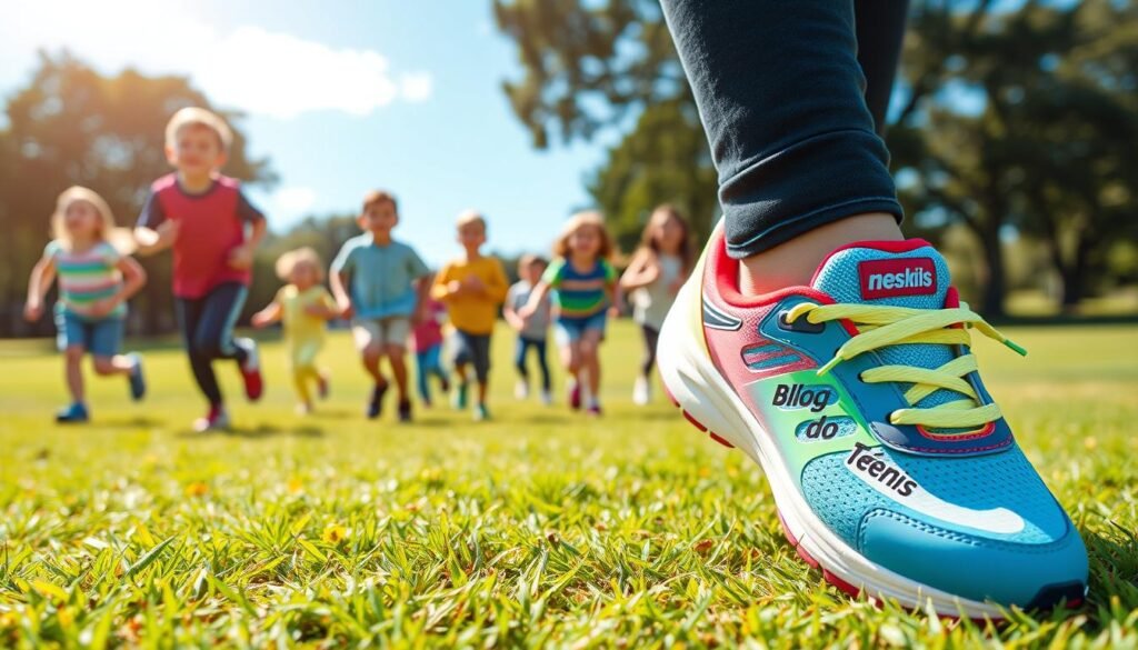A pair of colorful, high-quality children's running shoes in the foreground, featuring the "Blog do Tênis" brand logo. In the middle ground, a group of diverse children playing and running on a grassy field, enjoying the shoes' comfort and flexibility. The background shows a sunny, park-like setting with trees and blue sky, creating a lively, active atmosphere. The lighting is natural and soft, highlighting the shoes' vibrant colors and the children's expressions of joy and energy. The camera angle is slightly elevated, providing a sense of dynamic movement and an inclusive, inviting perspective. A pair of colorful, high-quality children's running shoes in the foreground, featuring the "Blog do Tênis" brand logo. In the middle ground, a group of diverse children playing and running on a grassy field, enjoying the shoes' comfort and flexibility. The background shows a sunny, park-like setting with trees and blue sky, creating a lively, active atmosphere. The lighting is natural and soft, highlighting the shoes' vibrant colors and the children's expressions of joy and energy. The camera angle is slightly elevated, providing a sense of dynamic movement and an inclusive, inviting perspective.