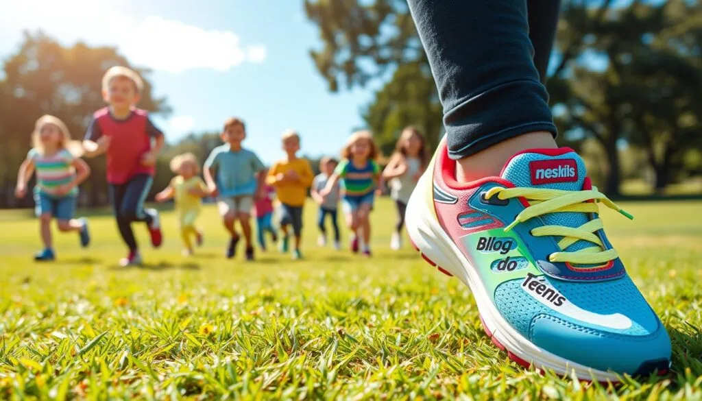 A pair of colorful, high-quality children's running shoes in the foreground, featuring the "Blog do Tênis" brand logo. In the middle ground, a group of diverse children playing and running on a grassy field, enjoying the shoes' comfort and flexibility. The background shows a sunny, park-like setting with trees and blue sky, creating a lively, active atmosphere. The lighting is natural and soft, highlighting the shoes' vibrant colors and the children's expressions of joy and energy. The camera angle is slightly elevated, providing a sense of dynamic movement and an inclusive, inviting perspective.