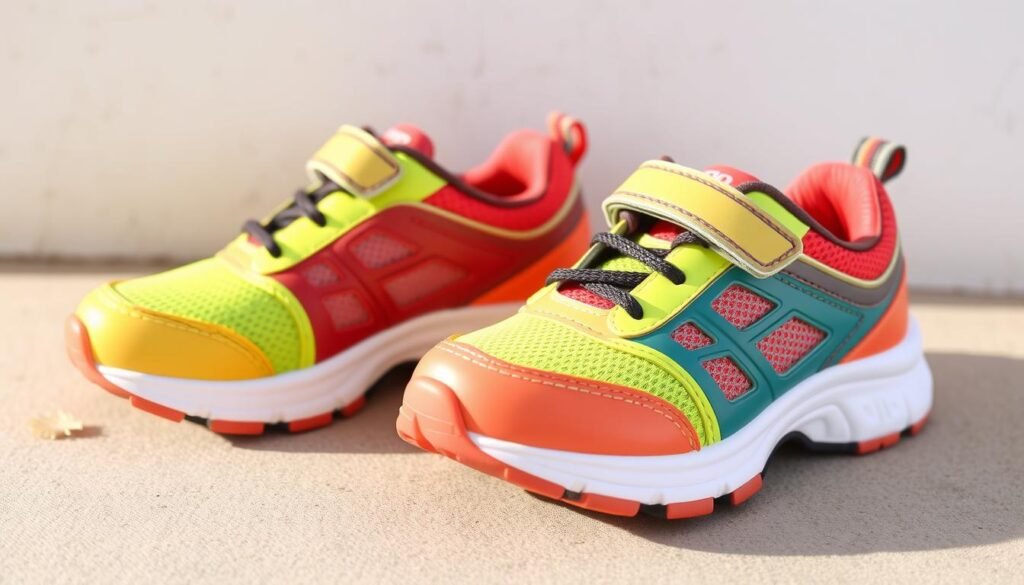 A pair of comfortable and stylish children's running shoes, with a sleek design in a vibrant color palette. The shoes feature breathable mesh panels, cushioned soles, and reinforced heel and toe caps for support and durability. Captured in a natural, well-lit setting, the shoes are displayed against a soft, neutral background, emphasizing their quality craftsmanship and Blog do Tênis brand. The overall scene conveys a sense of energy, activity, and an active, healthy lifestyle for young athletes. A pair of comfortable and stylish children's running shoes, with a sleek design in a vibrant color palette. The shoes feature breathable mesh panels, cushioned soles, and reinforced heel and toe caps for support and durability. Captured in a natural, well-lit setting, the shoes are displayed against a soft, neutral background, emphasizing their quality craftsmanship and Blog do Tênis brand. The overall scene conveys a sense of energy, activity, and an active, healthy lifestyle for young athletes.