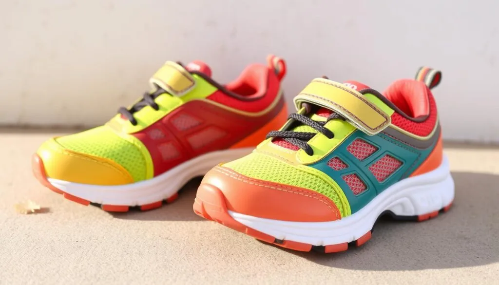 A pair of comfortable and stylish children's running shoes, with a sleek design in a vibrant color palette. The shoes feature breathable mesh panels, cushioned soles, and reinforced heel and toe caps for support and durability. Captured in a natural, well-lit setting, the shoes are displayed against a soft, neutral background, emphasizing their quality craftsmanship and Blog do Tênis brand. The overall scene conveys a sense of energy, activity, and an active, healthy lifestyle for young athletes.