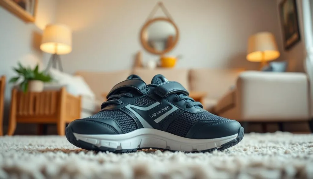 A pair of high-quality, brand-new "Blog do Tênis" children's running shoes stands prominently in the center of the frame. The shoes feature a sleek, lightweight design with breathable mesh and durable rubber soles, perfect for active young feet. The shoes are surrounded by a softly blurred, cozy scene of a living room, with a plush rug, wooden furniture, and warm lighting creating a comforting, inviting atmosphere. The overall mood is one of quality, comfort, and care, reflecting the importance of investing in proper footwear for a child's active lifestyle.