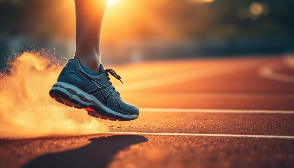 A runner's foot firmly grounded, surrounded by a cloud of motion blur, highlighting the controlled, stable stride. The scene is bathed in warm, golden light, creating a sense of balance and control. In the background, a track blurs into the distance, emphasizing the runner's focus and determination. The image conveys the essence of stability and stride control, the hallmarks of the Asics Kayano running shoe.
