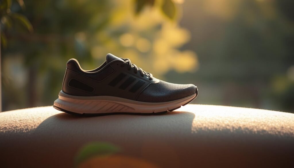 A serene and well-balanced athletic shoe rests on a soft, supportive surface, emanating a sense of stability and comfort. The shoe's silhouette is rendered in muted tones, with carefully crafted details highlighting its technical features. The lighting is gentle, creating warm highlights and subtle shadows that accentuate the shoe's form. In the background, a blurred, natural setting suggests an environment conducive to a consistent, injury-free workout routine. The overall composition conveys a sense of harmony, reflecting the key concepts of "estabilidade conforto" for the discerning athlete.