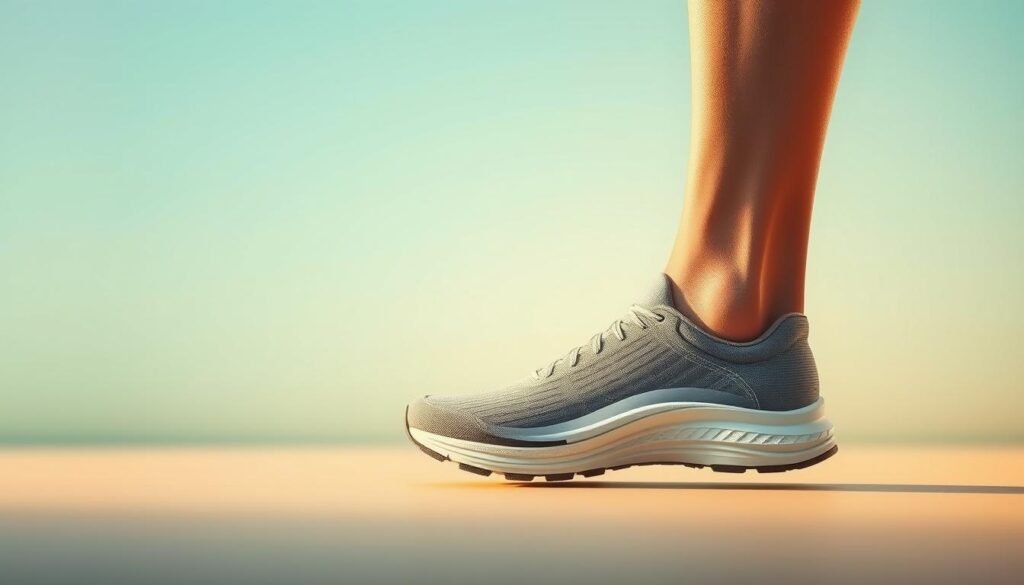 A serene, minimalist illustration depicting the concept of "estabilidade" (stability) as it relates to running shoe design. In the foreground, a runner's foot in a neutral position, with lines emanating from the ankle to suggest balanced weight distribution and controlled pronation. The middle ground features a cutaway view of the shoe's midsole, showcasing supportive features like a stabilizing heel counter and medial posting. The background is a soft, gradient wash of calming blues and greens, conveying a sense of tranquility and equilibrium. Warm, diffused lighting casts gentle shadows, emphasizing the shoe's form and the runner's balanced posture. Captured with a shallow depth of field for a clean, focused composition.