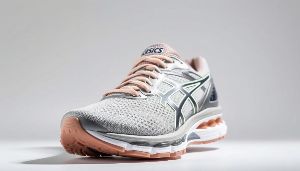 A sleek, high-performance running shoe with advanced Asics Gel-Nimbus cushioning system, showcased in a dynamic, front-angled view. The shoe's mesh upper in a neutral, feminine colorway glistens under strategic studio lighting, highlighting its breathable and flexible design. The substantial midsole with visible Gel technology provides exceptional shock absorption, while the sturdy, grippy outsole promises reliable traction on various running surfaces. The overall composition conveys a sense of motion and athleticism, perfectly suited to illustrate a section on the best Asics women's running shoes for performance and comfort. A sleek, high-performance running shoe with advanced Asics Gel-Nimbus cushioning system, showcased in a dynamic, front-angled view. The shoe's mesh upper in a neutral, feminine colorway glistens under strategic studio lighting, highlighting its breathable and flexible design. The substantial midsole with visible Gel technology provides exceptional shock absorption, while the sturdy, grippy outsole promises reliable traction on various running surfaces. The overall composition conveys a sense of motion and athleticism, perfectly suited to illustrate a section on the best Asics women's running shoes for performance and comfort.