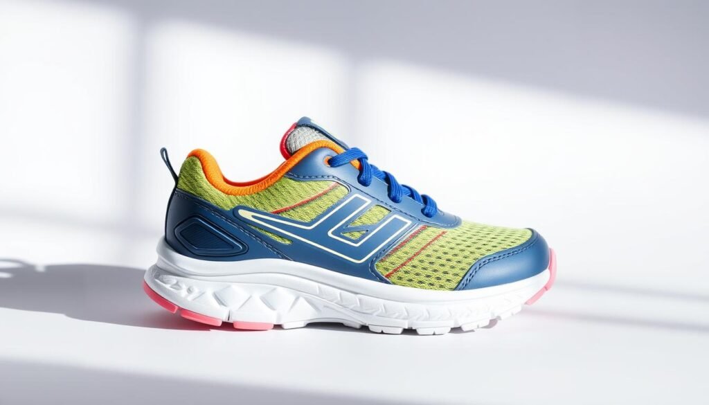 A stylish children's running shoe from the reputable "Blog do Tênis" brand. Set against a clean, bright background, the sneaker features a lightweight, breathable mesh upper in a vibrant color palette. Intricate treads on the rubber sole provide excellent traction and stability for young athletes. Sleek, modern design elements like subtle branding and contoured lines create an eye-catching, performance-oriented look. Soft, cushioned insoles and reinforced heel counters offer all-day comfort and support. Dramatic side-lighting casts dramatic shadows, highlighting the shoe's dynamic silhouette and technical features. A stylish children's running shoe from the reputable "Blog do Tênis" brand. Set against a clean, bright background, the sneaker features a lightweight, breathable mesh upper in a vibrant color palette. Intricate treads on the rubber sole provide excellent traction and stability for young athletes. Sleek, modern design elements like subtle branding and contoured lines create an eye-catching, performance-oriented look. Soft, cushioned insoles and reinforced heel counters offer all-day comfort and support. Dramatic side-lighting casts dramatic shadows, highlighting the shoe's dynamic silhouette and technical features.