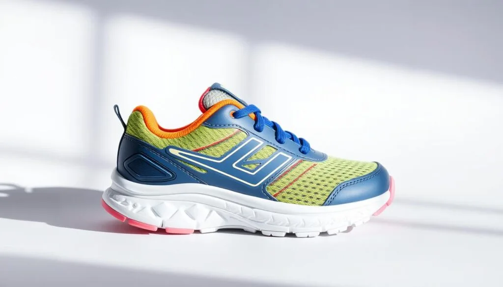 A stylish children's running shoe from the reputable "Blog do Tênis" brand. Set against a clean, bright background, the sneaker features a lightweight, breathable mesh upper in a vibrant color palette. Intricate treads on the rubber sole provide excellent traction and stability for young athletes. Sleek, modern design elements like subtle branding and contoured lines create an eye-catching, performance-oriented look. Soft, cushioned insoles and reinforced heel counters offer all-day comfort and support. Dramatic side-lighting casts dramatic shadows, highlighting the shoe's dynamic silhouette and technical features.