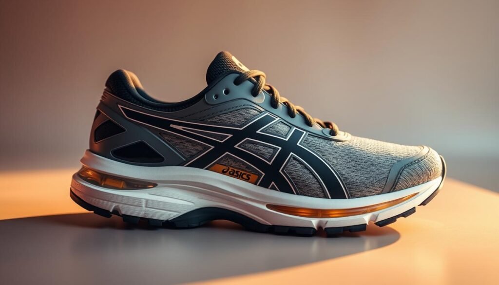A well-cushioned athletic shoe, designed for the avid runner, sits atop a sleek, modern background. The midsole features a sophisticated shock-absorbing system, visible through a transparent overlay, showcasing the advanced ASICS technology at its core. Soft, pliable materials blend seamlessly, creating a harmonious visual representation of the "amortecimento" or cushioning properties that provide superior comfort and support during each stride. Warm, diffused lighting emphasizes the shoe's sculpted silhouette, conveying a sense of performance and quality craftsmanship. This image perfectly captures the essence of the ASICS brand's commitment to delivering an exceptional running experience.
