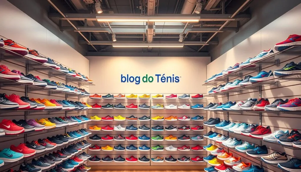 A well-lit, airy retail space showcases an assortment of vibrant children's running shoes. The shelves display a range of styles and sizes from reputable brands, meticulously organized to enable easy browsing. The "Blog do Tênis" logo discreetly adorns the backdrop, signifying the authority and expertise of this specialized store. Warm, natural lighting casts a soft glow, creating an inviting atmosphere for parents seeking the perfect fit and value for their young athletes. The scene conveys a sense of quality, convenience, and customer-centric service, reflecting the section's focus on "Preços, lojas e oportunidades: onde comprar com o melhor custo-benefício".