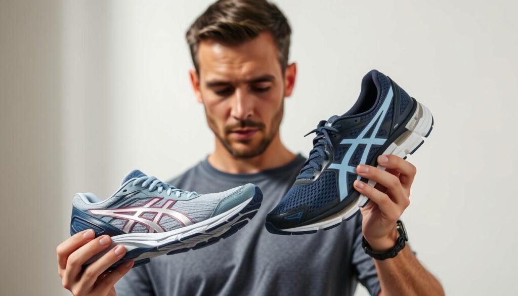 A well-lit and detailed image of a person carefully inspecting and comparing two pairs of high-quality running shoes, one Mizuno and one Asics, against a clean, minimalist background. The person is wearing casual athletic attire and appears thoughtful, analyzing the features, construction, and suitability of each shoe for running, training, and walking. The lighting emphasizes the texture and materials of the shoes, allowing the viewer to appreciate the craftsmanship. The overall scene conveys a sense of focused consideration, guiding the viewer towards making an informed choice about the ideal running shoe.