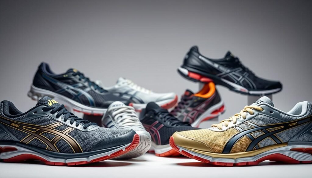A well-lit, high-quality studio shot of several pairs of ASICS running shoes arranged in a visually appealing, dynamic composition. The shoes should showcase a range of popular ASICS models, capturing their unique designs, colors, and technologies. The foreground should feature the shoes in sharp focus, with a clean, minimalist background that allows the products to take center stage. Subtle shadows and reflections should add depth and dimension to the scene. The overall mood should convey a sense of quality, performance, and the brand's commitment to innovation in athletic footwear.