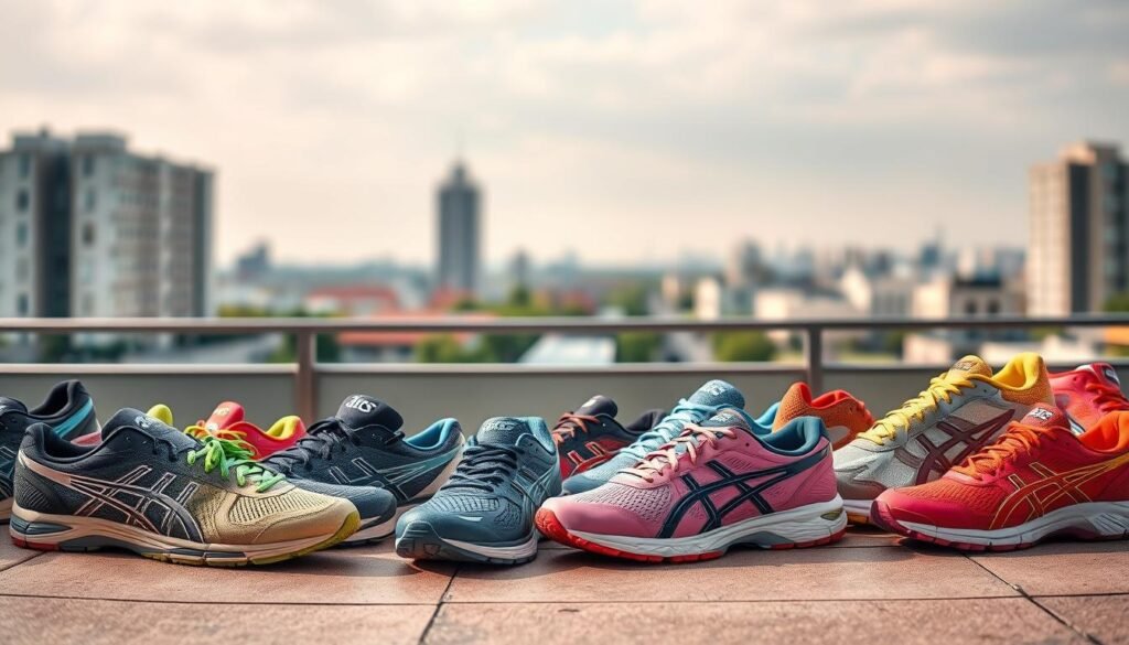 A well-lit, panoramic scene depicting a diverse selection of athletic shoes arranged in a visually appealing layout. The shoes should be mid-ground, showcasing a range of Asics sneaker models in various colors and styles suitable for daily training and light running. The background should feature a soft, blurred urban landscape, suggesting an active, metropolitan environment. The overall composition should convey a sense of balance, highlighting the cost-benefit considerations of the featured footwear options. Utilize a warm, inviting color palette and natural lighting to create a visually compelling and informative illustration. A well-lit, panoramic scene depicting a diverse selection of athletic shoes arranged in a visually appealing layout. The shoes should be mid-ground, showcasing a range of Asics sneaker models in various colors and styles suitable for daily training and light running. The background should feature a soft, blurred urban landscape, suggesting an active, metropolitan environment. The overall composition should convey a sense of balance, highlighting the cost-benefit considerations of the featured footwear options. Utilize a warm, inviting color palette and natural lighting to create a visually compelling and informative illustration.