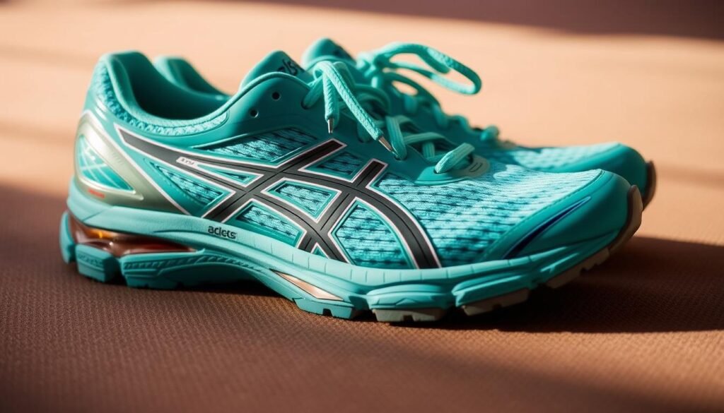A well-worn pair of Asics Gel-Shogun 5 running shoes in a vibrant teal color, shot from a low angle to highlight their sleek, athletic silhouette. The shoes appear to be resting on a soft, textured surface, possibly a gym mat or yoga mat, with gentle shadows and highlights accentuating their contours. The lighting is warm and natural, casting a glow on the shoes and creating a sense of depth and dimension. The overall mood is one of comfort, functionality, and a touch of modern elegance, perfectly suited for the "Asics Gel-Shogun 5 Feminino" section of the article on the "Melhor Tênis Asics Feminino para Caminhada."