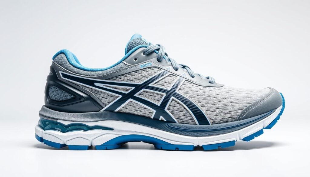 Asics Gel-Nimbus 25 Feminino, a premium running shoe with PureGEL cushioning. A well-lit studio shot shows the shoe's intricate design, with subtle gray and blue tones, sleek lines, and a flexible, responsive sole. The silhouette is captured from an elevated angle, highlighting the advanced comfort and support features. The background is clean and minimalist, allowing the shoe to be the focal point. Crisp details showcase the high-quality craftsmanship and innovative Asics technologies that deliver superior cushioning and stability for a smooth, responsive stride.