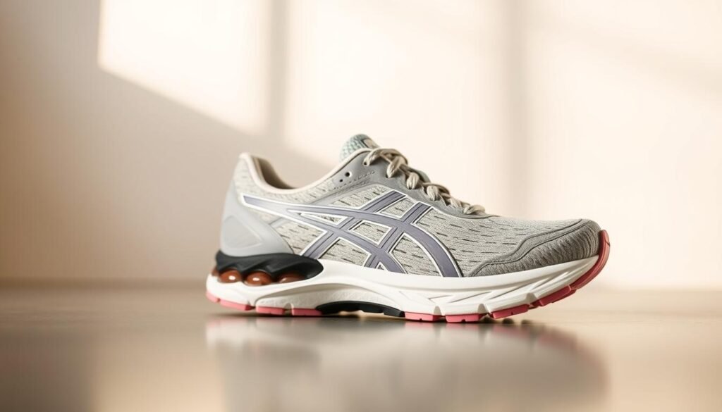 Detailed and realistic image of an Asics Gel-Pulse 15 SE running shoe for women, featured against a clean, well-lit background. The shoe should be prominently displayed, showcasing its sleek, modern design with Asics' signature gel cushioning technology. Capture the shoe from an angle that highlights its versatile, comfortable appearance, suitable for daily walks and fitness activities. The lighting should be soft and natural, creating a warm, inviting atmosphere that complements the shoe's neutral color palette. Include subtle textural details that convey the high-quality materials and construction of the Asics Gel-Pulse 15 SE.