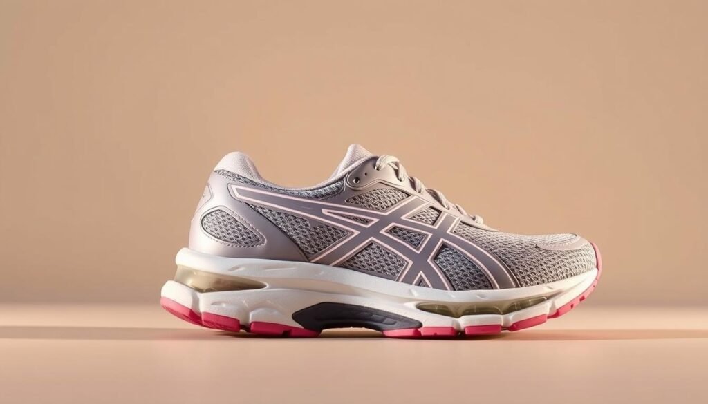 a highly detailed, photorealistic image of the Asics Gel-Excite 8 women's running shoe, viewed from a slight side angle with the toe box angled towards the camera. The shoe is shown in a plain, well-lit studio setting with a neutral background, allowing the shoe's design and features to be the focus. The Gel-Excite 8 has a breathable mesh upper, bold Asics branding, and a pronounced gel cushioning system visible in the midsole. The shoe is presented in a natural, unstylized manner to highlight its lightweight, comfortable construction, ideal for everyday walking. Warm, diffuse lighting from the side and above casts gentle shadows, emphasizing the shoe's contours and materials.