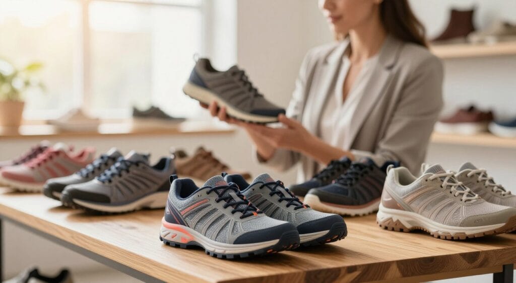 A bright and inviting indoor setting showcasing a variety of women's walking shoes organized on a wooden display table. In the foreground, a pair of stylish, cushioned walking shoes should be prominently featured, displaying their intricate design, vibrant colors, and flexible soles. In the middle background, a well-dressed woman, wearing comfortable yet professional attire, examines the shoes thoughtfully, holding one pair in her hands. The lighting is soft and natural, highlighting the textures of the shoes while creating a warm atmosphere. A blurred window in the background allows soft sunlight to filter in, enhancing the scene’s inviting feel. The overall mood is focused and informative, ideal for guiding readers in choosing the best walking shoes.