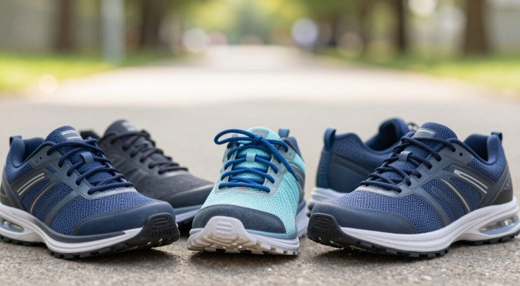 A close-up view of a selection of women's walking shoes designed for comfort, featuring advanced cushioning technology. The foreground showcases three distinct models of shoes, each with unique colors and styles, placed on a durable surface. The middle ground includes a soft, blurred background of a park path, hinting at a walking environment. Bright, natural lighting illuminates the shoes, highlighting the textures and details of the materials. The lens focuses on the shoes, creating a depth of field that emphasizes their design while softly blurring the surroundings. The mood is inspiring and energetic, ideal for highlighting the best options for female walkers looking for comfort and support.