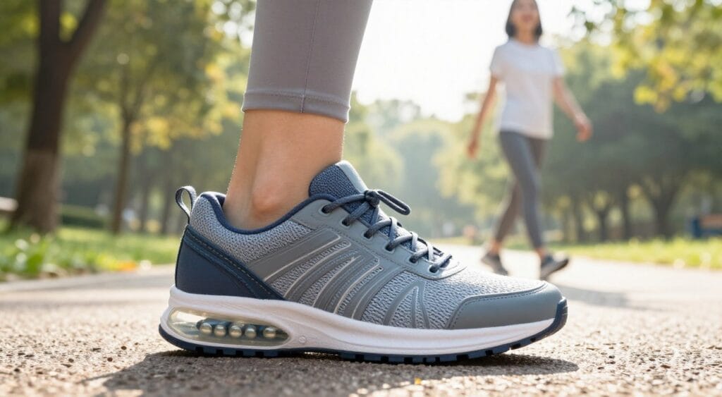 A close-up view of a women's walking shoe featuring a stylish design, prominently displaying its advanced cushioning system. The foreground highlights the shoe’s cushioned midsole with a transparent layer revealing the shock-absorbing material. In the middle ground, a female figure in modest athletic wear is walking on a scenic path, demonstrating the shoe in use, with an expression of comfort and joy. The background shows a tranquil park setting with soft morning light filtering through trees, casting gentle shadows. The atmosphere is vibrant and uplifting, conveying a sense of ease in walking, emphasizing the benefits of shock absorption in footwear for women. Use a bright color palette to create a fresh and inviting look, focusing on a slightly angled perspective to emphasize the shoe's features.