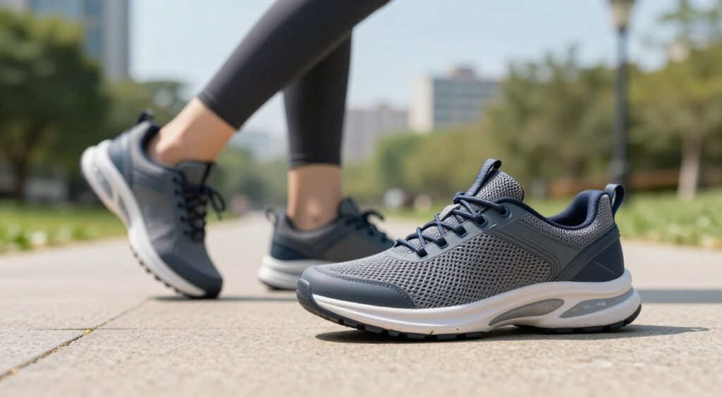 A stylish and comfortable pair of women's walking shoes displayed prominently in the foreground, featuring a modern design with breathable mesh and cushioned soles, highlighting the technical details like arch support and shock absorption. In the middle ground, a softly blurred city park path under natural sunlight, suggesting an ideal environment for walking. The background includes gentle greenery and a blue sky, creating a refreshing atmosphere. The image captures a sense of active lifestyle and comfort, inviting the viewer to consider the shoes as their next choice for walking. The lighting is bright and inviting, emphasizing the texture of the shoes, and the angle showcases both the side and front profiles, enhancing the design features without distractions.