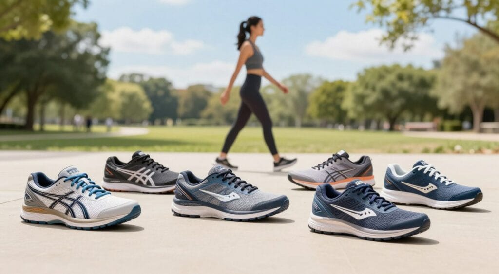 A visually appealing display of the best brands of walking shoes designed for women, positioned prominently on a clean, smooth surface. In the foreground, feature a variety of stylish walking shoes from popular brands like Asics, Brooks, and Saucony, each showcasing unique designs and colors. The middle ground includes a blurred silhouette of a woman walking confidently in a park setting, dressed in modest athletic wear. In the background, soft greenery and a bright blue sky suggest an ideal walking environment, enhancing the overall atmosphere of fitness and enjoyment. The lighting is bright and inviting, simulating a sunny day, with a focus on the shoes to highlight their features. Use a slight wide-angle lens effect to convey spaciousness.