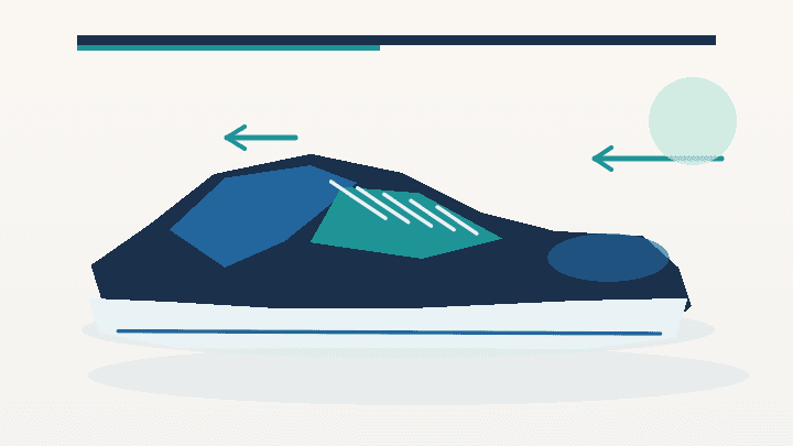 Ilustração de tênis de corrida com destaque para espaço dos dedos e firmeza no calcanhar